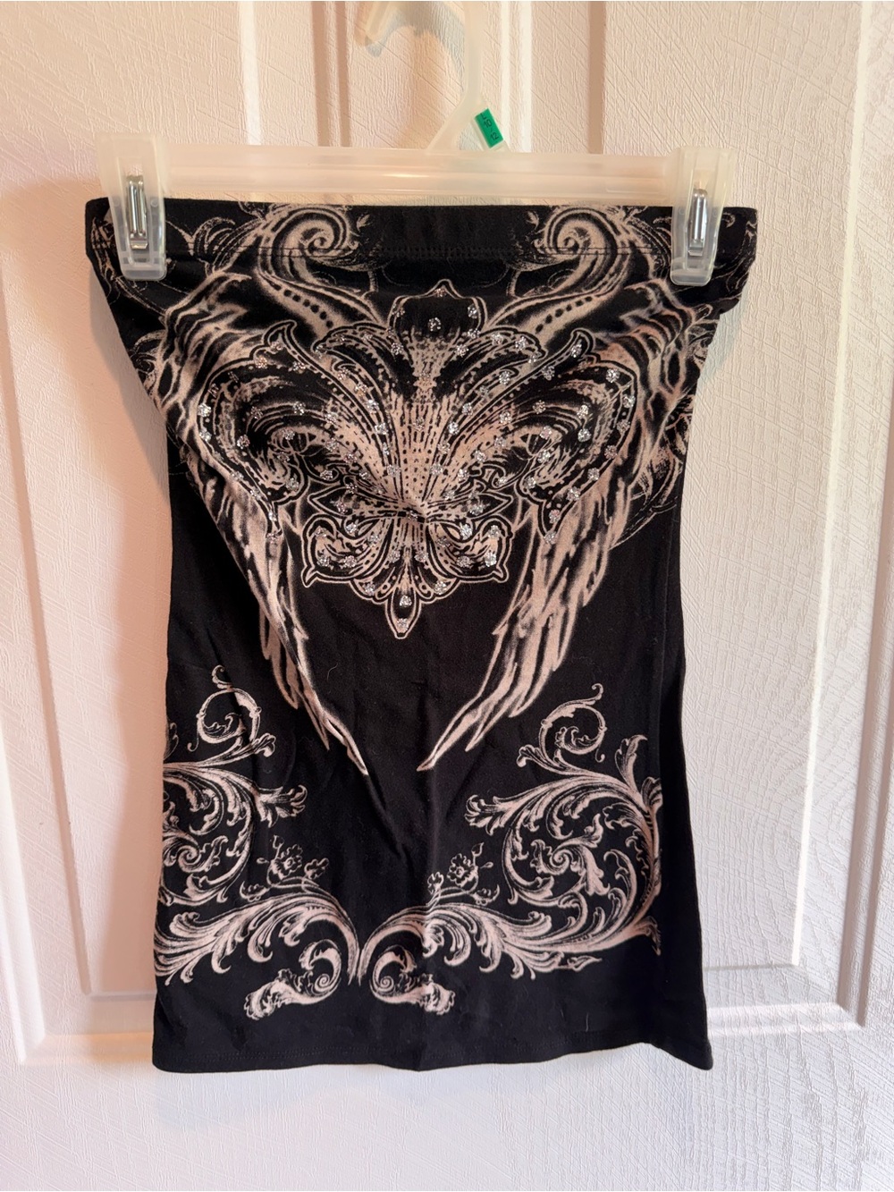 Black Strapless Graphic Tube Top with White Scroll Design
